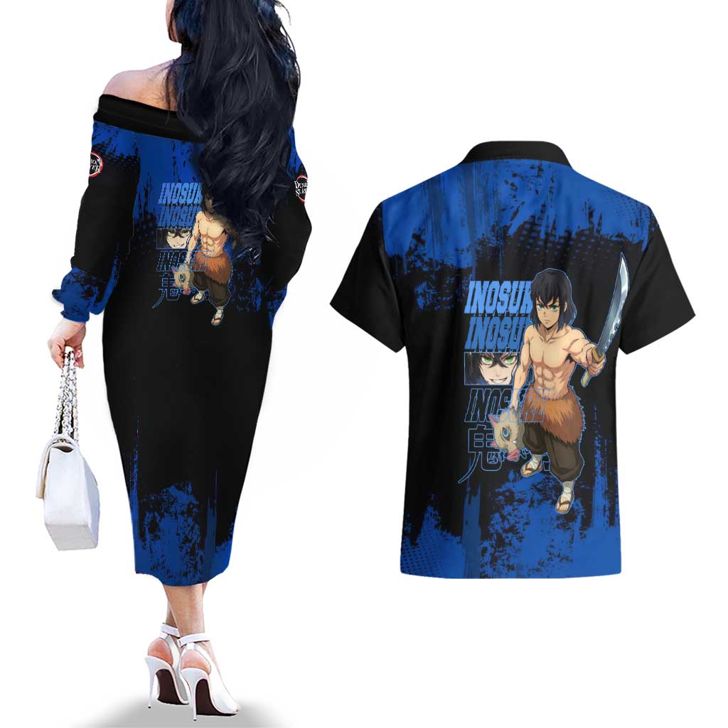 Inosuke Hashibira Demon Slayer Blue Grunge Design Couples Matching Off The Shoulder Long Sleeve Dress and Hawaiian Shirt with Boar Mask and Dual Sword Pose - The Mazicc