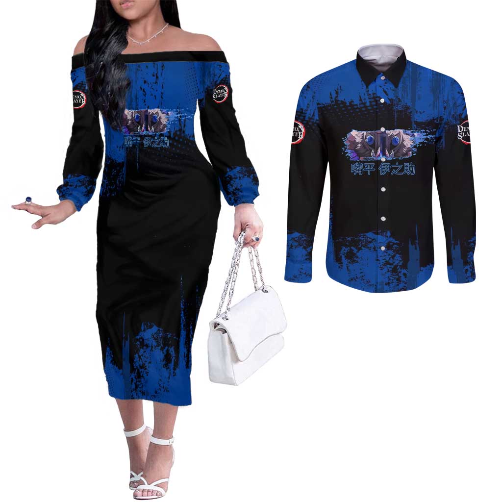 Inosuke Hashibira Demon Slayer Blue Grunge Design Couples Matching Off The Shoulder Long Sleeve Dress and Long Sleeve Button Shirt with Boar Mask and Dual Sword Pose - The Mazicc