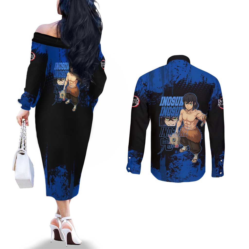 Inosuke Hashibira Demon Slayer Blue Grunge Design Couples Matching Off The Shoulder Long Sleeve Dress and Long Sleeve Button Shirt with Boar Mask and Dual Sword Pose - The Mazicc