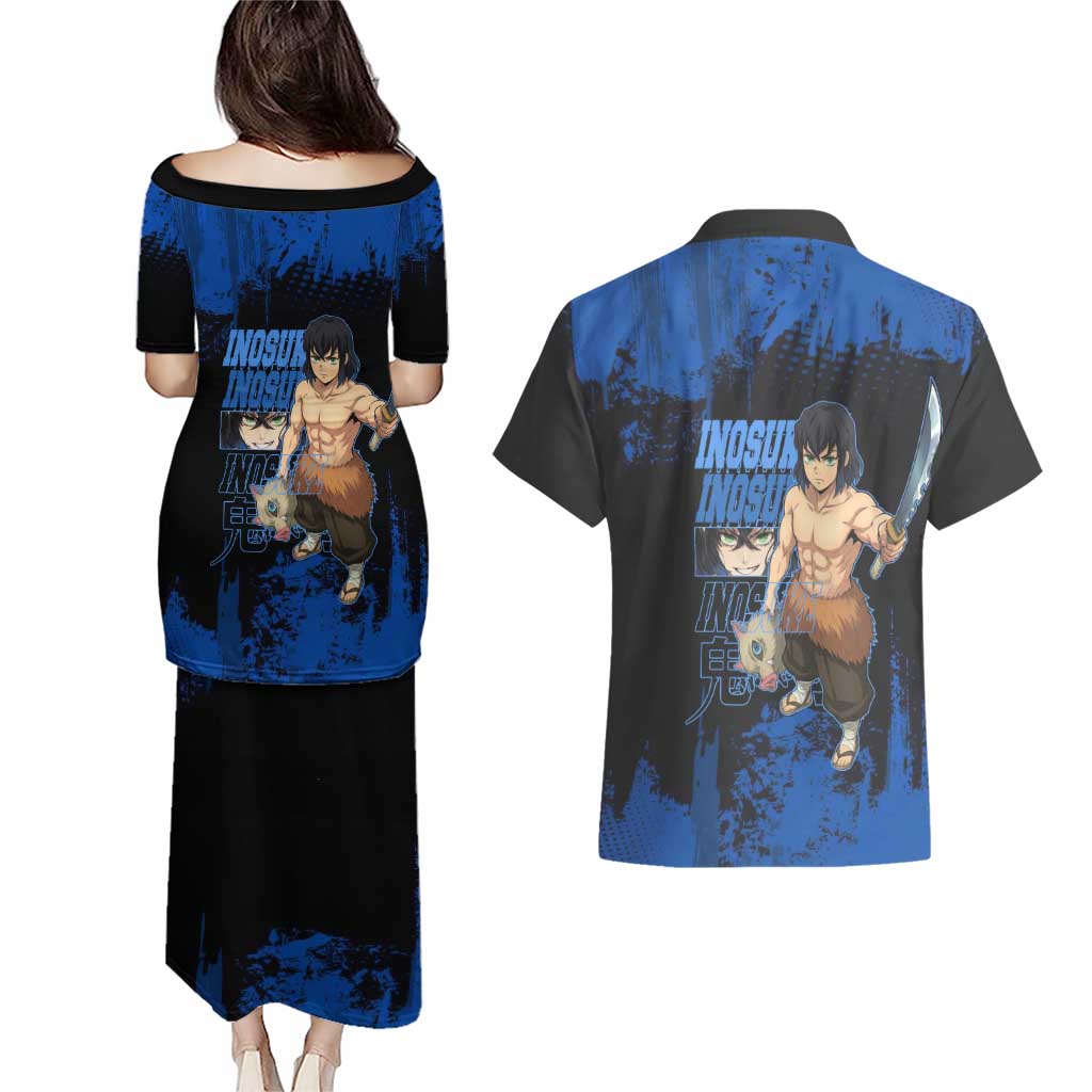 Inosuke Hashibira Demon Slayer Blue Grunge Design Couples Matching Puletasi and Hawaiian Shirt with Boar Mask and Dual Sword Pose - The Mazicc
