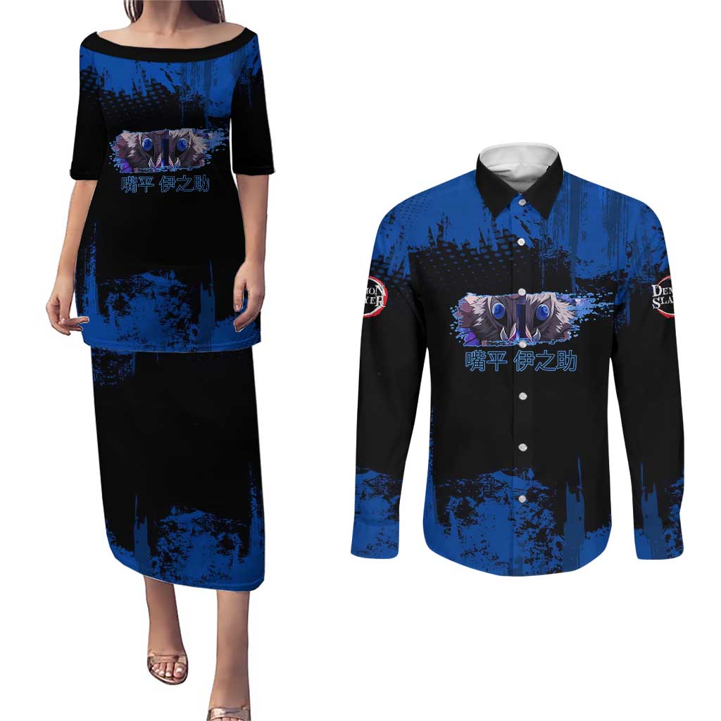 Inosuke Hashibira Demon Slayer Blue Grunge Design Couples Matching Puletasi and Long Sleeve Button Shirt with Boar Mask and Dual Sword Pose - The Mazicc