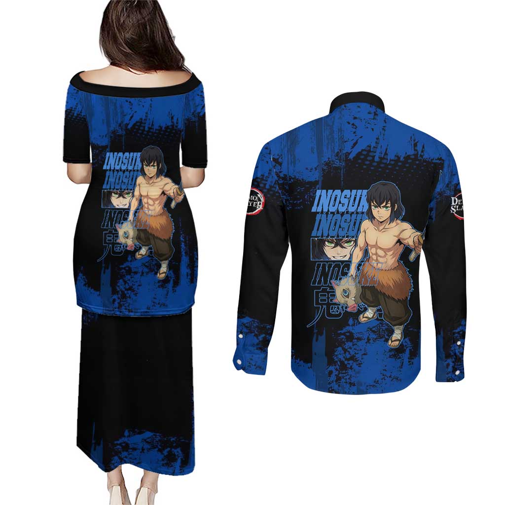 Inosuke Hashibira Demon Slayer Blue Grunge Design Couples Matching Puletasi and Long Sleeve Button Shirt with Boar Mask and Dual Sword Pose - The Mazicc