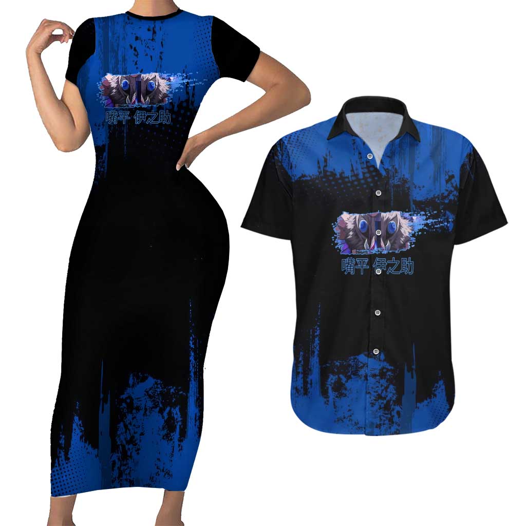 Inosuke Hashibira Demon Slayer Blue Grunge Design Couples Matching Short Sleeve Bodycon Dress and Hawaiian Shirt with Boar Mask and Dual Sword Pose - The Mazicc