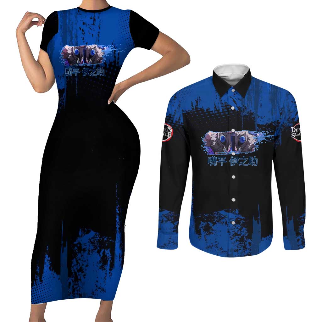 Inosuke Hashibira Demon Slayer Blue Grunge Design Couples Matching Short Sleeve Bodycon Dress and Long Sleeve Button Shirt with Boar Mask and Dual Sword Pose - The Mazicc