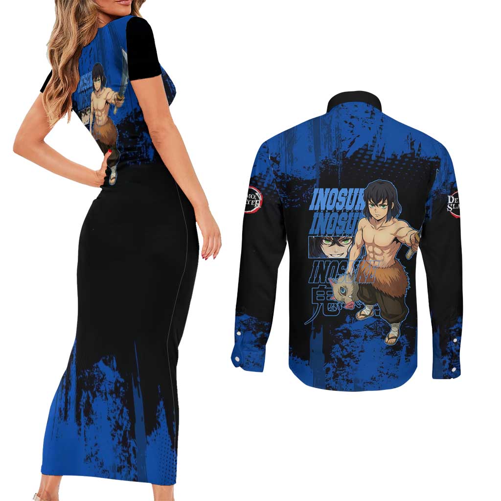 Inosuke Hashibira Demon Slayer Blue Grunge Design Couples Matching Short Sleeve Bodycon Dress and Long Sleeve Button Shirt with Boar Mask and Dual Sword Pose - The Mazicc