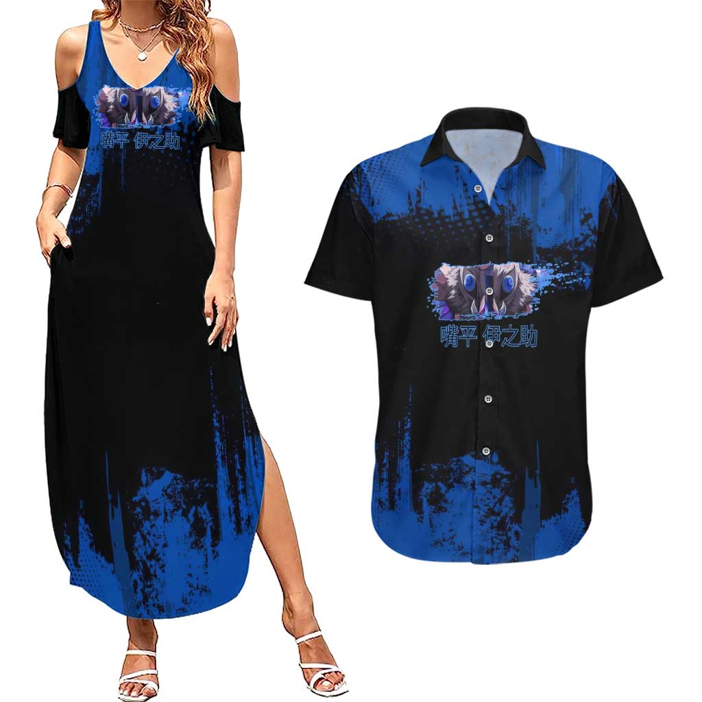 Inosuke Hashibira Demon Slayer Blue Grunge Design Couples Matching Summer Maxi Dress and Hawaiian Shirt with Boar Mask and Dual Sword Pose - The Mazicc