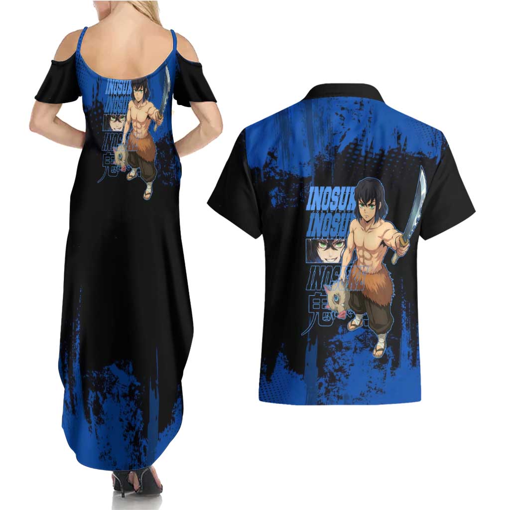 Inosuke Hashibira Demon Slayer Blue Grunge Design Couples Matching Summer Maxi Dress and Hawaiian Shirt with Boar Mask and Dual Sword Pose - The Mazicc