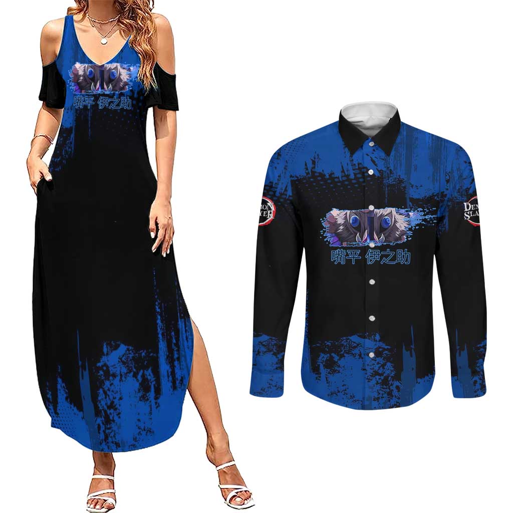 Inosuke Hashibira Demon Slayer Blue Grunge Design Couples Matching Summer Maxi Dress and Long Sleeve Button Shirt with Boar Mask and Dual Sword Pose - The Mazicc