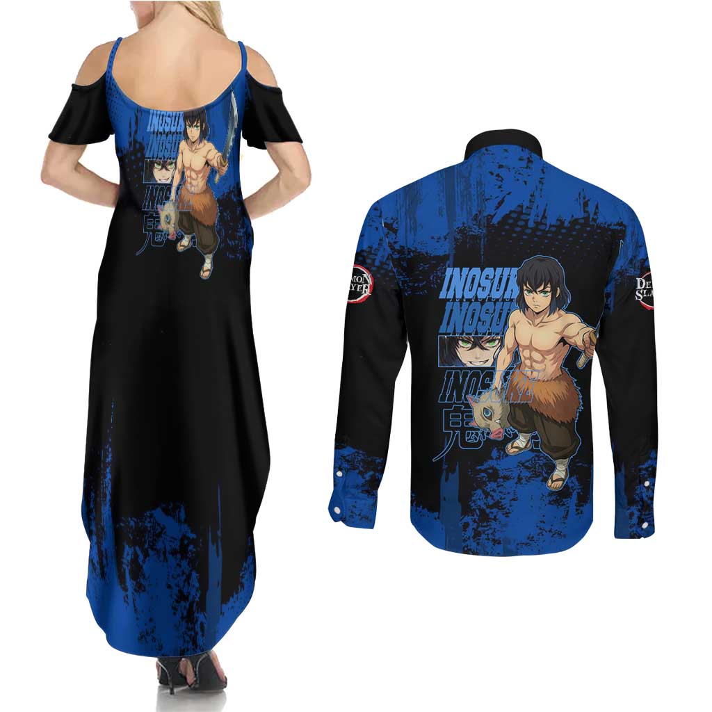 Inosuke Hashibira Demon Slayer Blue Grunge Design Couples Matching Summer Maxi Dress and Long Sleeve Button Shirt with Boar Mask and Dual Sword Pose - The Mazicc