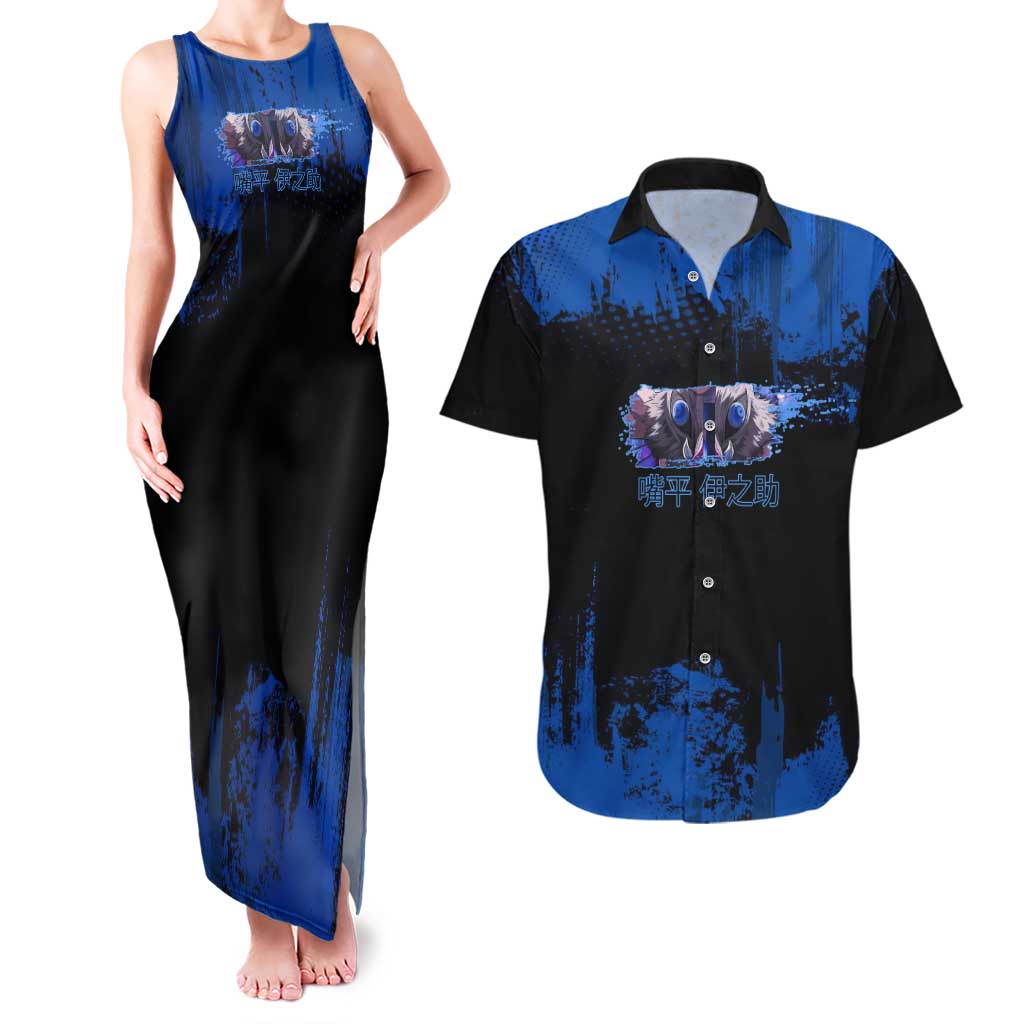 Inosuke Hashibira Demon Slayer Blue Grunge Design Couples Matching Tank Maxi Dress and Hawaiian Shirt with Boar Mask and Dual Sword Pose - The Mazicc