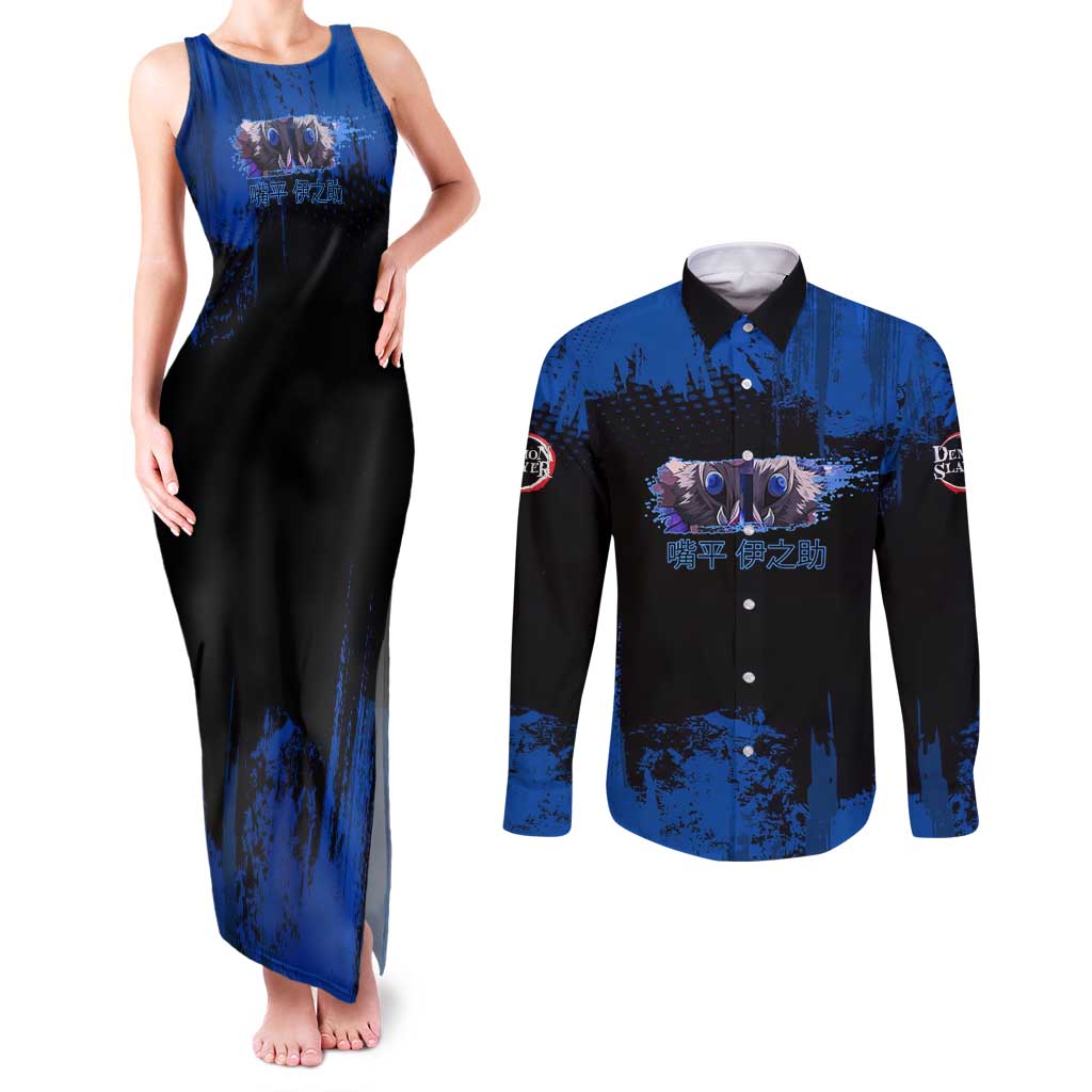 Inosuke Hashibira Demon Slayer Blue Grunge Design Couples Matching Tank Maxi Dress and Long Sleeve Button Shirt with Boar Mask and Dual Sword Pose - The Mazicc