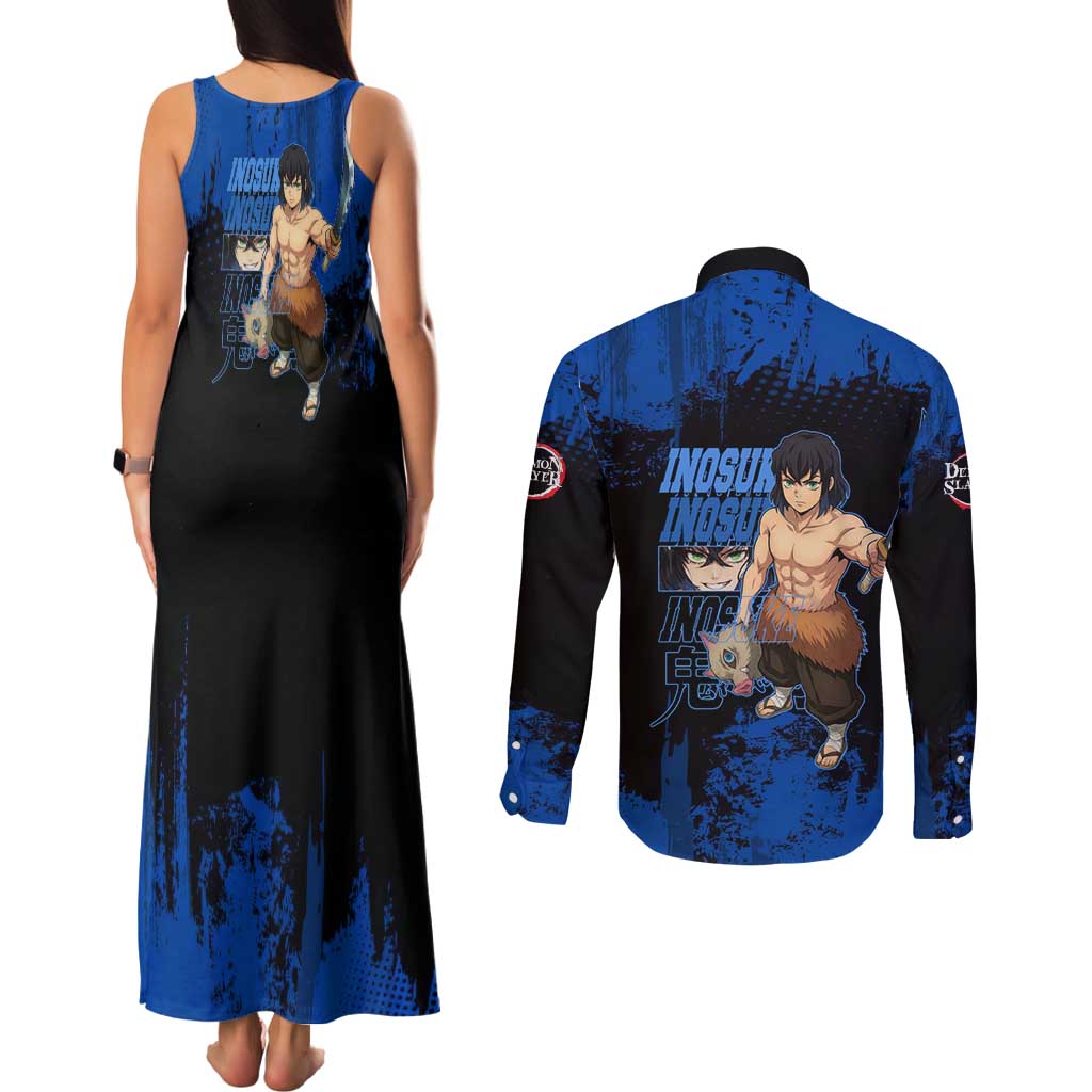 Inosuke Hashibira Demon Slayer Blue Grunge Design Couples Matching Tank Maxi Dress and Long Sleeve Button Shirt with Boar Mask and Dual Sword Pose - The Mazicc