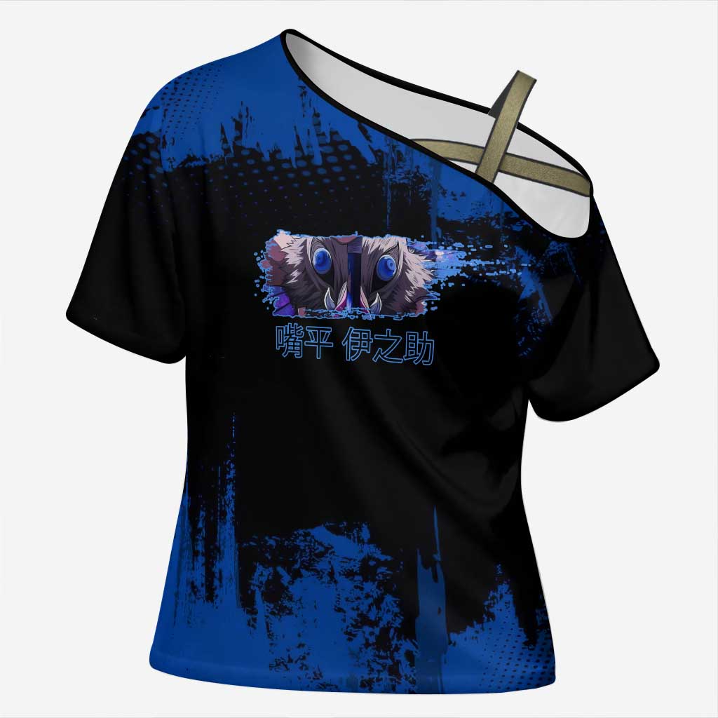 Inosuke Hashibira Demon Slayer Blue Grunge Design Cross Shoulder Shirt with Boar Mask and Dual Sword Pose - The Mazicc