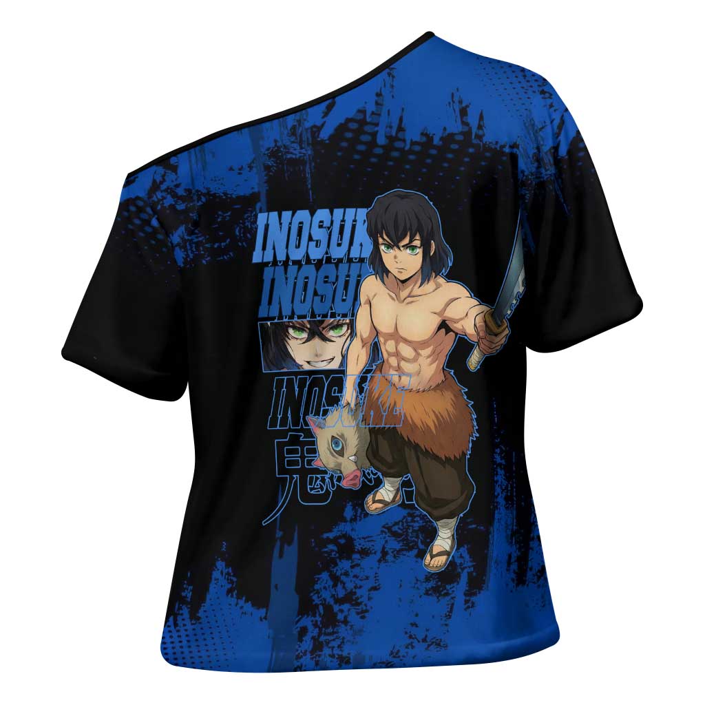 Inosuke Hashibira Demon Slayer Blue Grunge Design Cross Shoulder Shirt with Boar Mask and Dual Sword Pose - The Mazicc