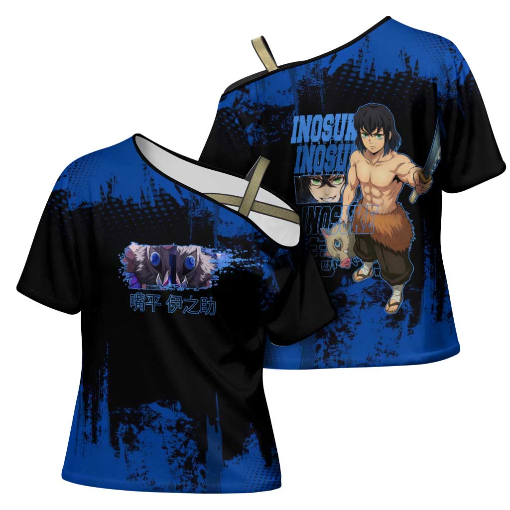 Inosuke Hashibira Demon Slayer Blue Grunge Design Cross Shoulder Shirt with Boar Mask and Dual Sword Pose - The Mazicc