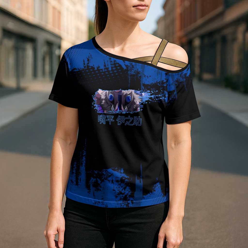 Inosuke Hashibira Demon Slayer Blue Grunge Design Cross Shoulder Shirt with Boar Mask and Dual Sword Pose - The Mazicc