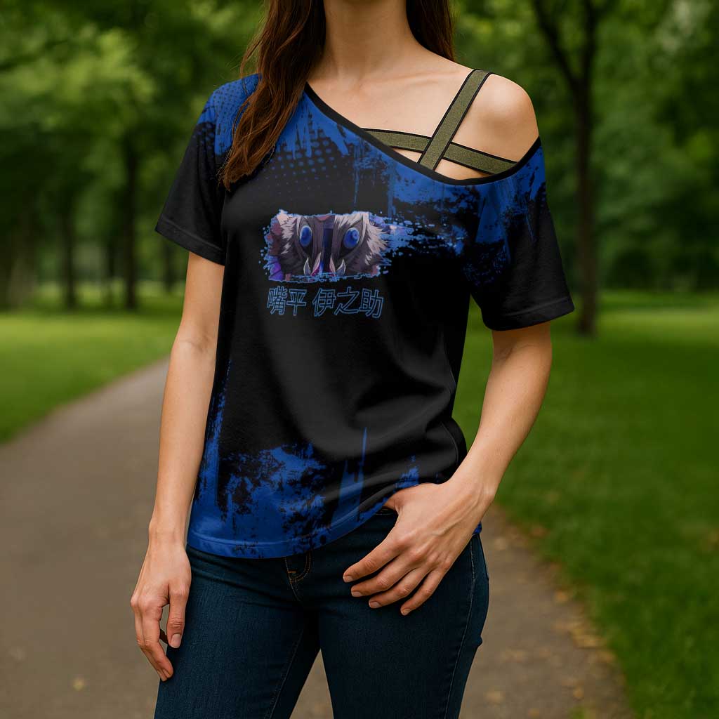 Inosuke Hashibira Demon Slayer Blue Grunge Design Cross Shoulder Shirt with Boar Mask and Dual Sword Pose - The Mazicc