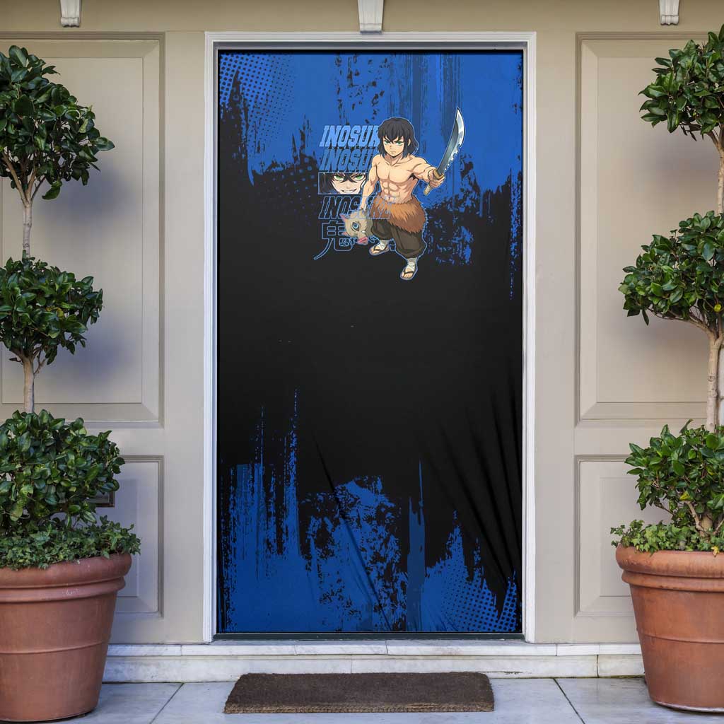 Inosuke Hashibira Demon Slayer Blue Grunge Design Door Cover with Boar Mask and Dual Sword Pose - The Mazicc