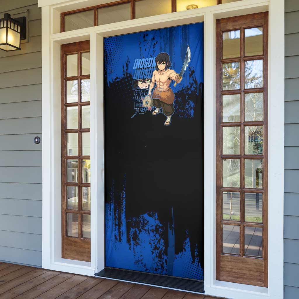 Inosuke Hashibira Demon Slayer Blue Grunge Design Door Cover with Boar Mask and Dual Sword Pose - The Mazicc