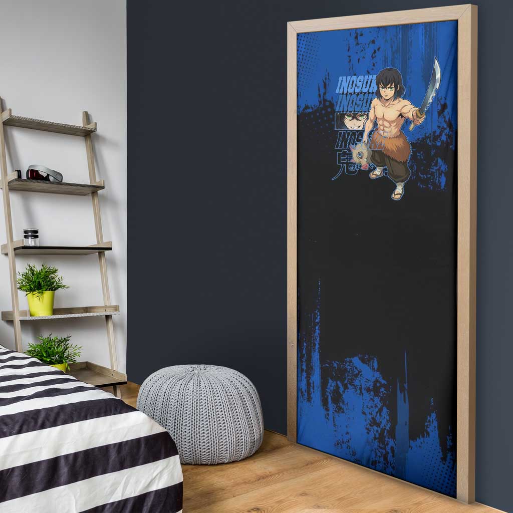 Inosuke Hashibira Demon Slayer Blue Grunge Design Door Cover with Boar Mask and Dual Sword Pose - The Mazicc