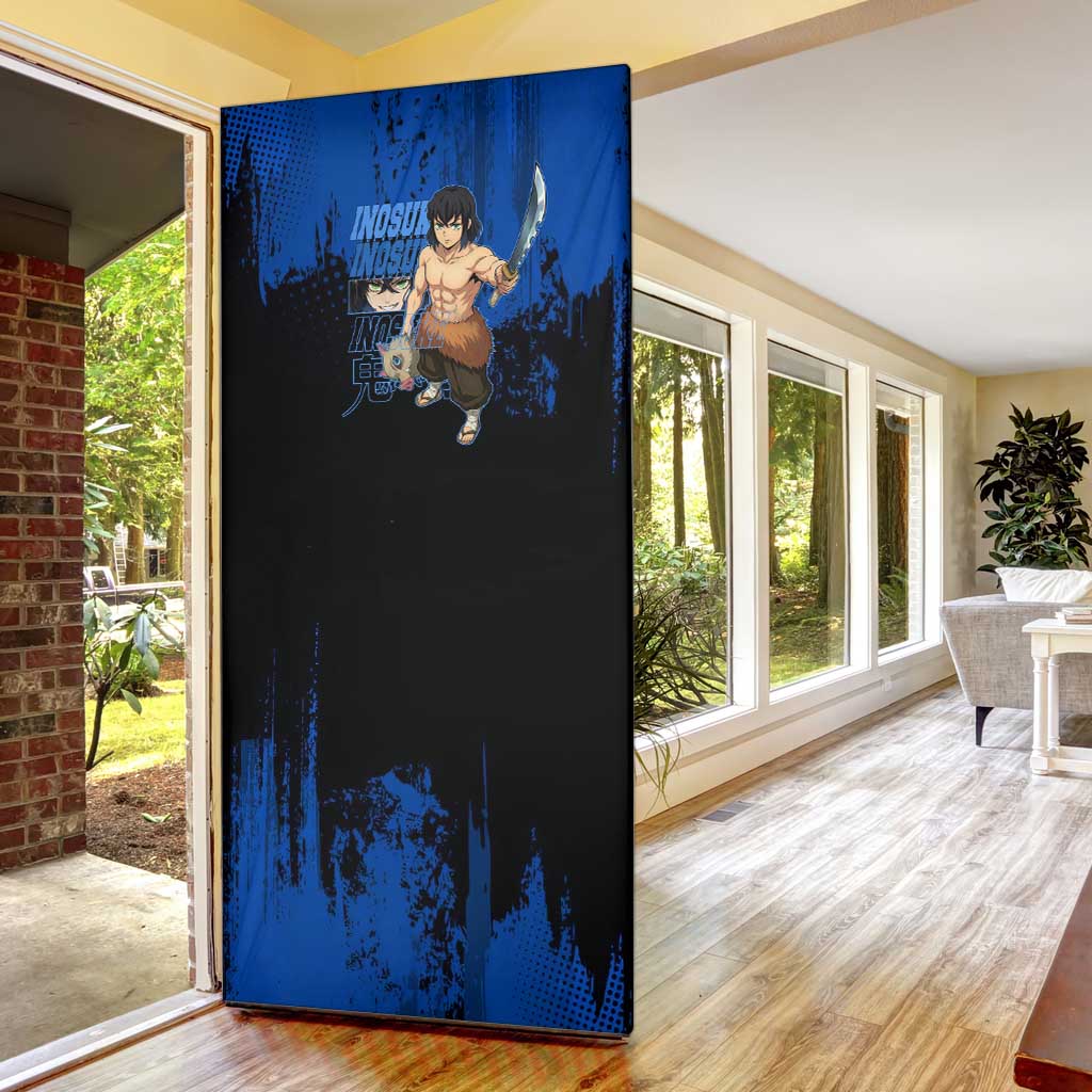 Inosuke Hashibira Demon Slayer Blue Grunge Design Door Cover with Boar Mask and Dual Sword Pose - The Mazicc