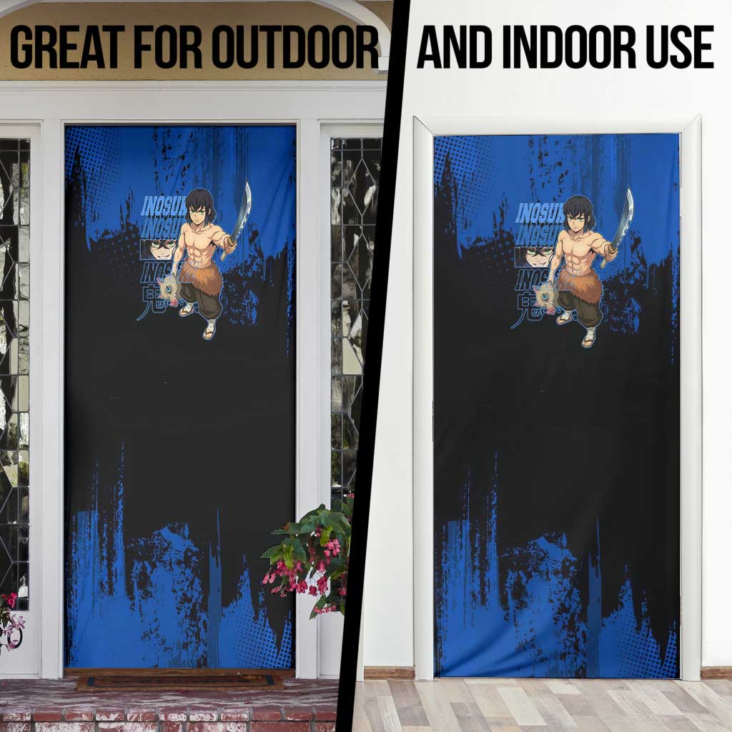 Inosuke Hashibira Demon Slayer Blue Grunge Design Door Cover with Boar Mask and Dual Sword Pose - The Mazicc