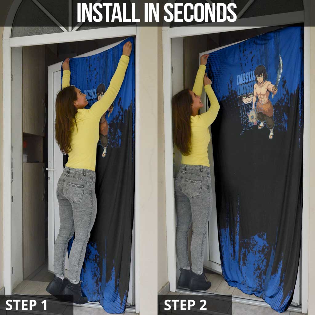 Inosuke Hashibira Demon Slayer Blue Grunge Design Door Cover with Boar Mask and Dual Sword Pose - The Mazicc
