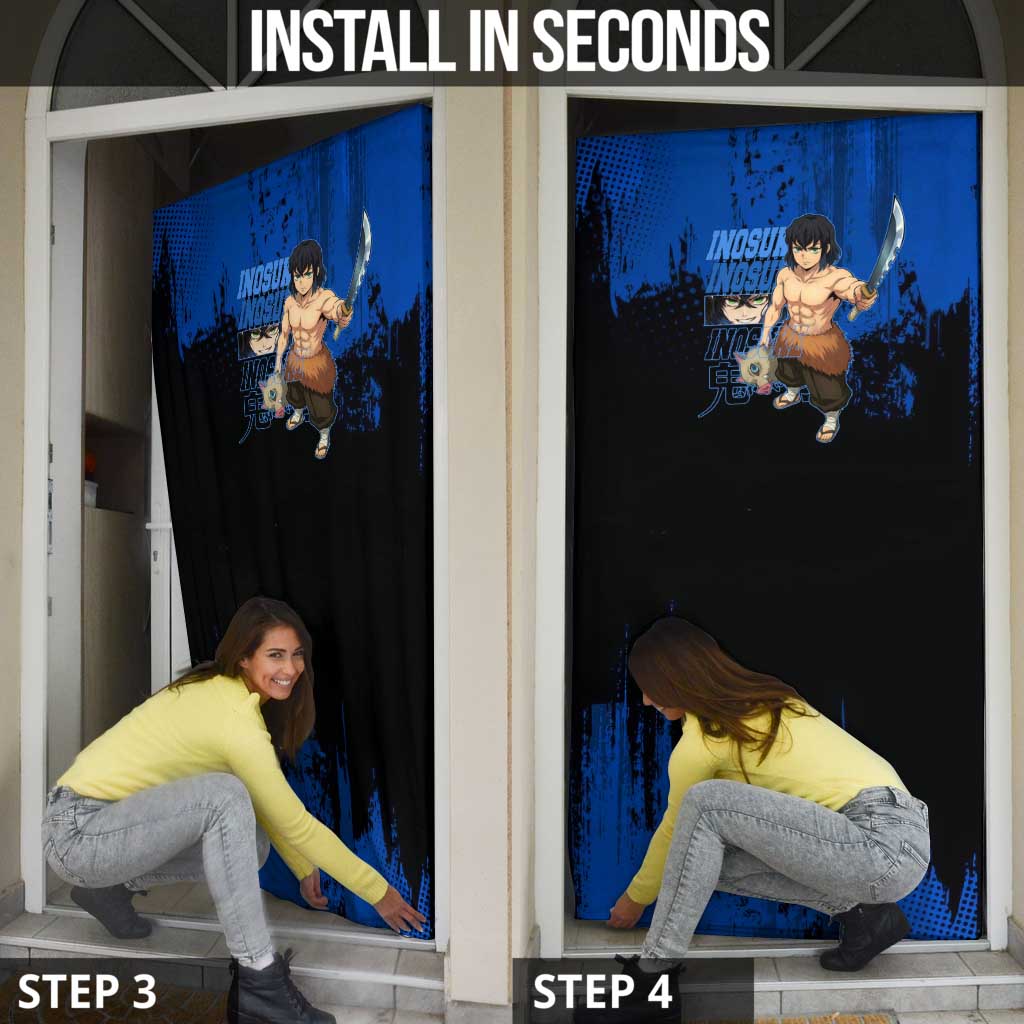 Inosuke Hashibira Demon Slayer Blue Grunge Design Door Cover with Boar Mask and Dual Sword Pose - The Mazicc