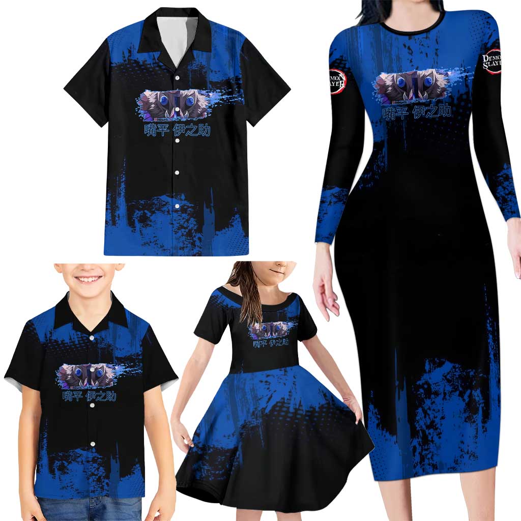 Inosuke Hashibira Demon Slayer Blue Grunge Design Family Matching Long Sleeve Bodycon Dress and Hawaiian Shirt with Boar Mask and Dual Sword Pose