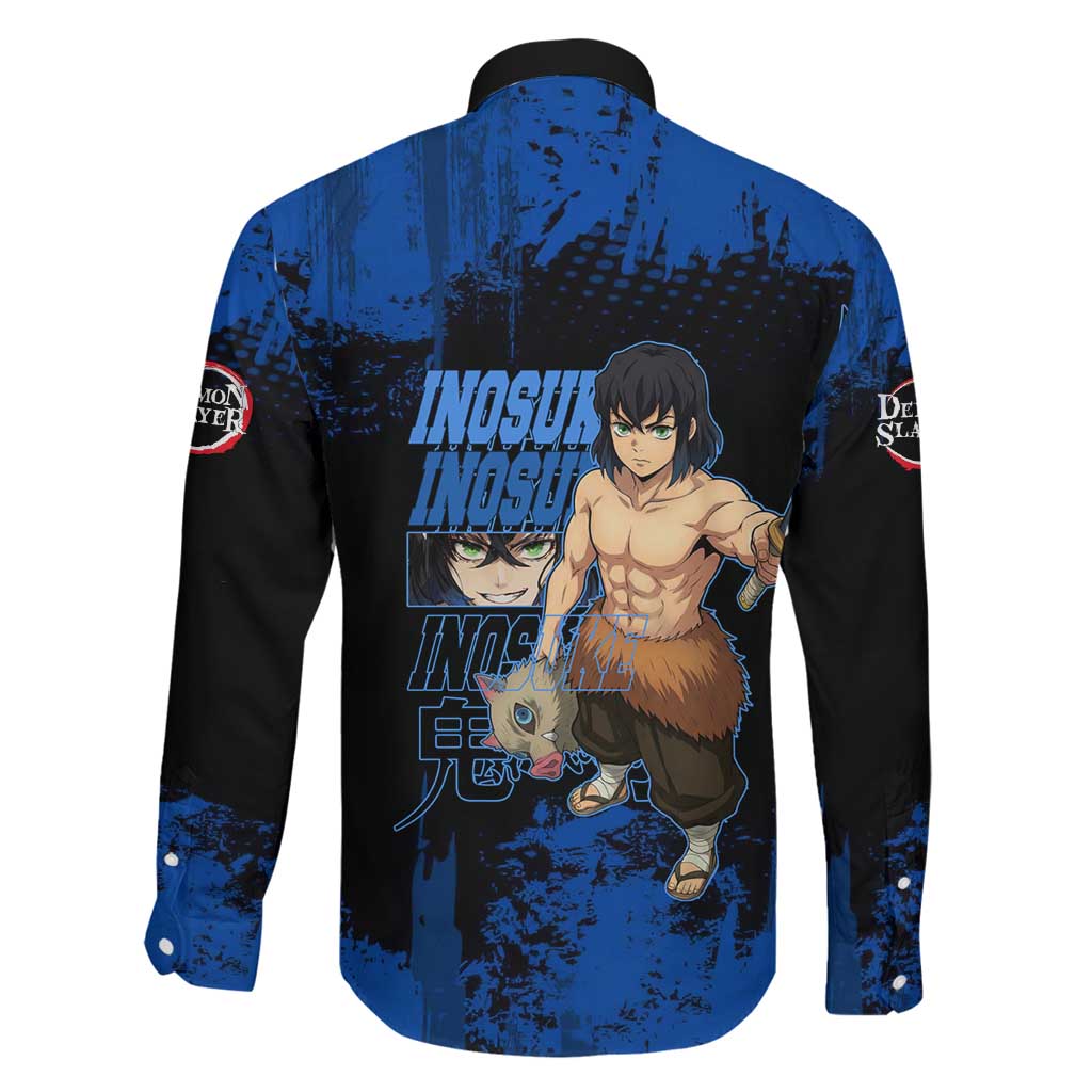 Inosuke Hashibira Demon Slayer Blue Grunge Design Family Matching Long Sleeve Bodycon Dress and Hawaiian Shirt with Boar Mask and Dual Sword Pose