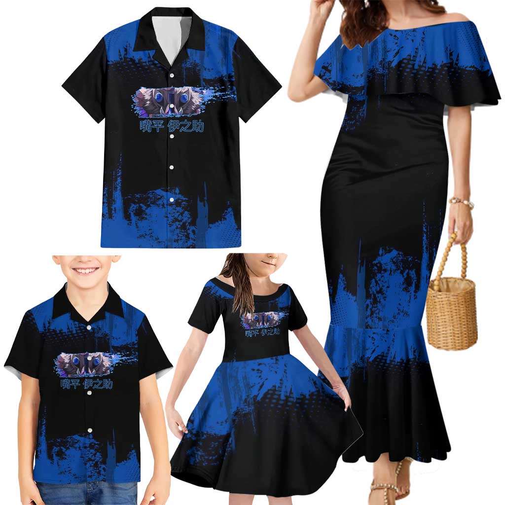 Inosuke Hashibira Demon Slayer Blue Grunge Design Family Matching Mermaid Dress and Hawaiian Shirt with Boar Mask and Dual Sword Pose