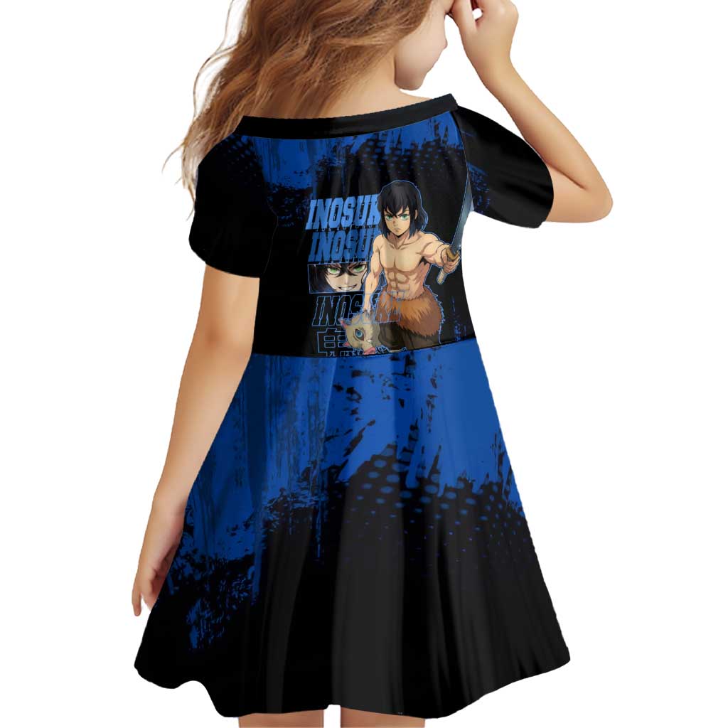 Inosuke Hashibira Demon Slayer Blue Grunge Design Family Matching Mermaid Dress and Hawaiian Shirt with Boar Mask and Dual Sword Pose