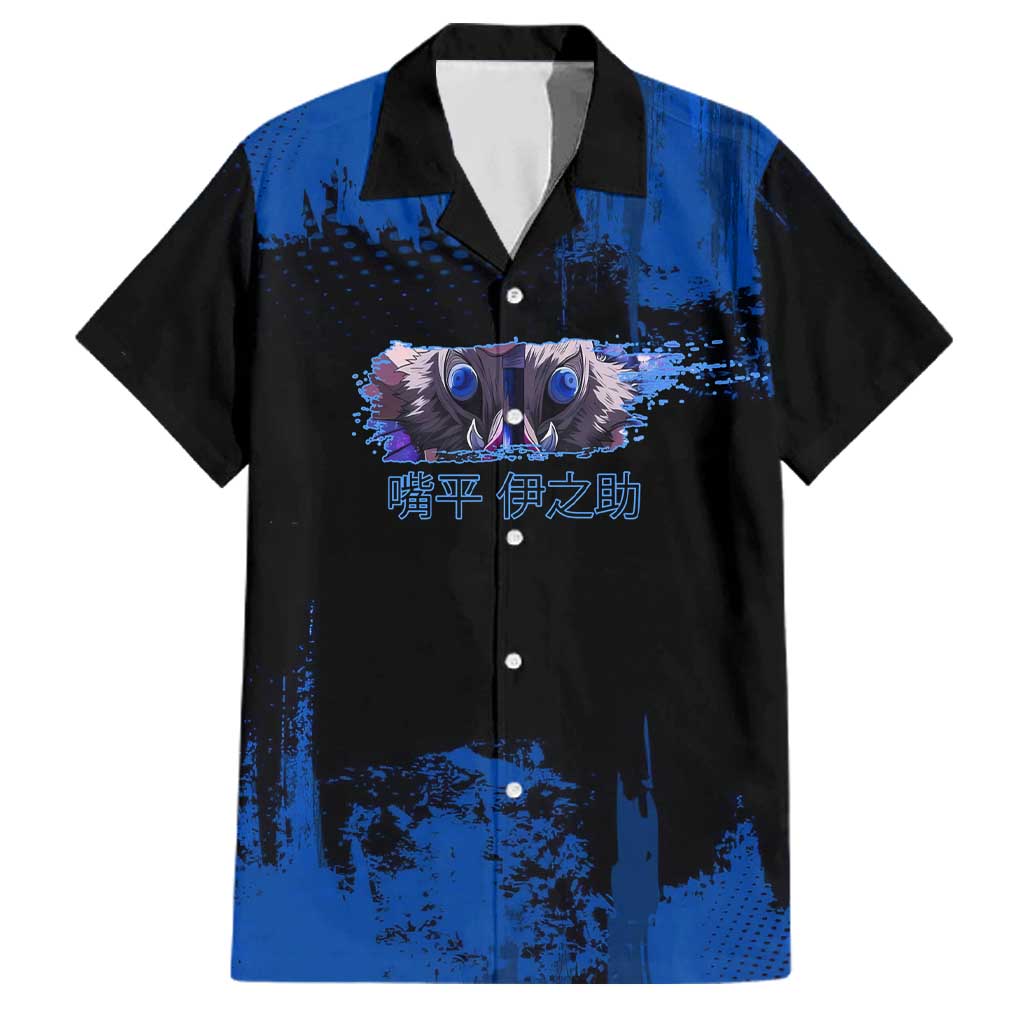 Inosuke Hashibira Demon Slayer Blue Grunge Design Family Matching Mermaid Dress and Hawaiian Shirt with Boar Mask and Dual Sword Pose