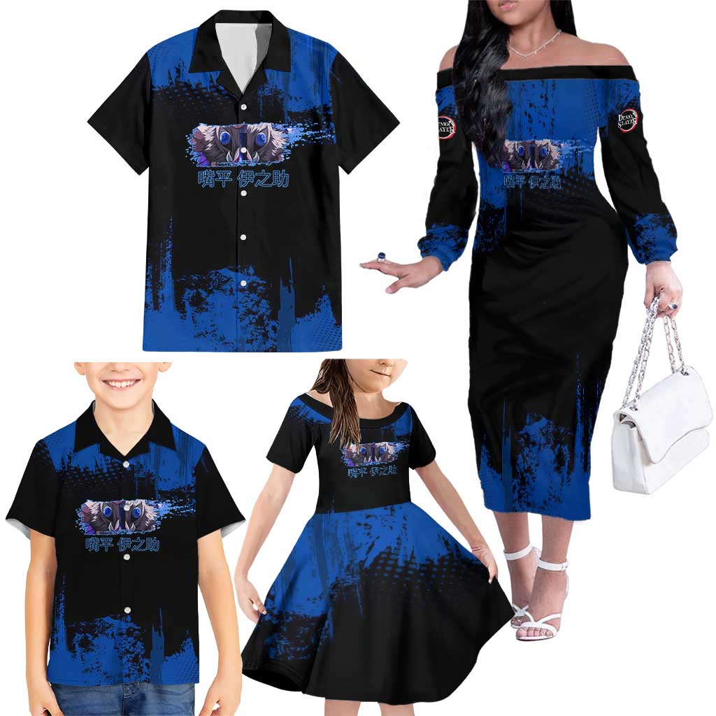 Inosuke Hashibira Demon Slayer Blue Grunge Design Family Matching Off The Shoulder Long Sleeve Dress and Hawaiian Shirt with Boar Mask and Dual Sword Pose