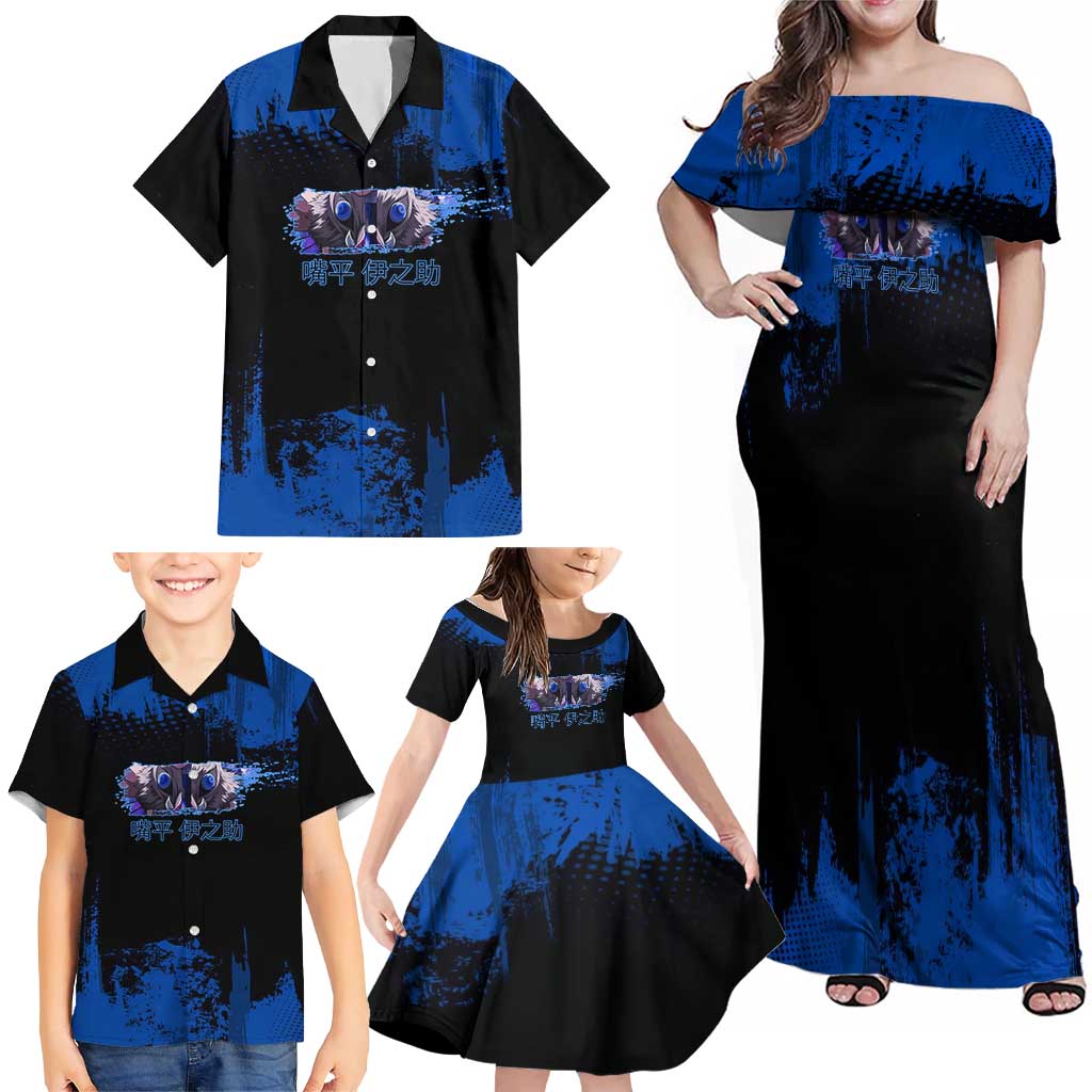 Inosuke Hashibira Demon Slayer Blue Grunge Design Family Matching Off Shoulder Maxi Dress and Hawaiian Shirt with Boar Mask and Dual Sword Pose