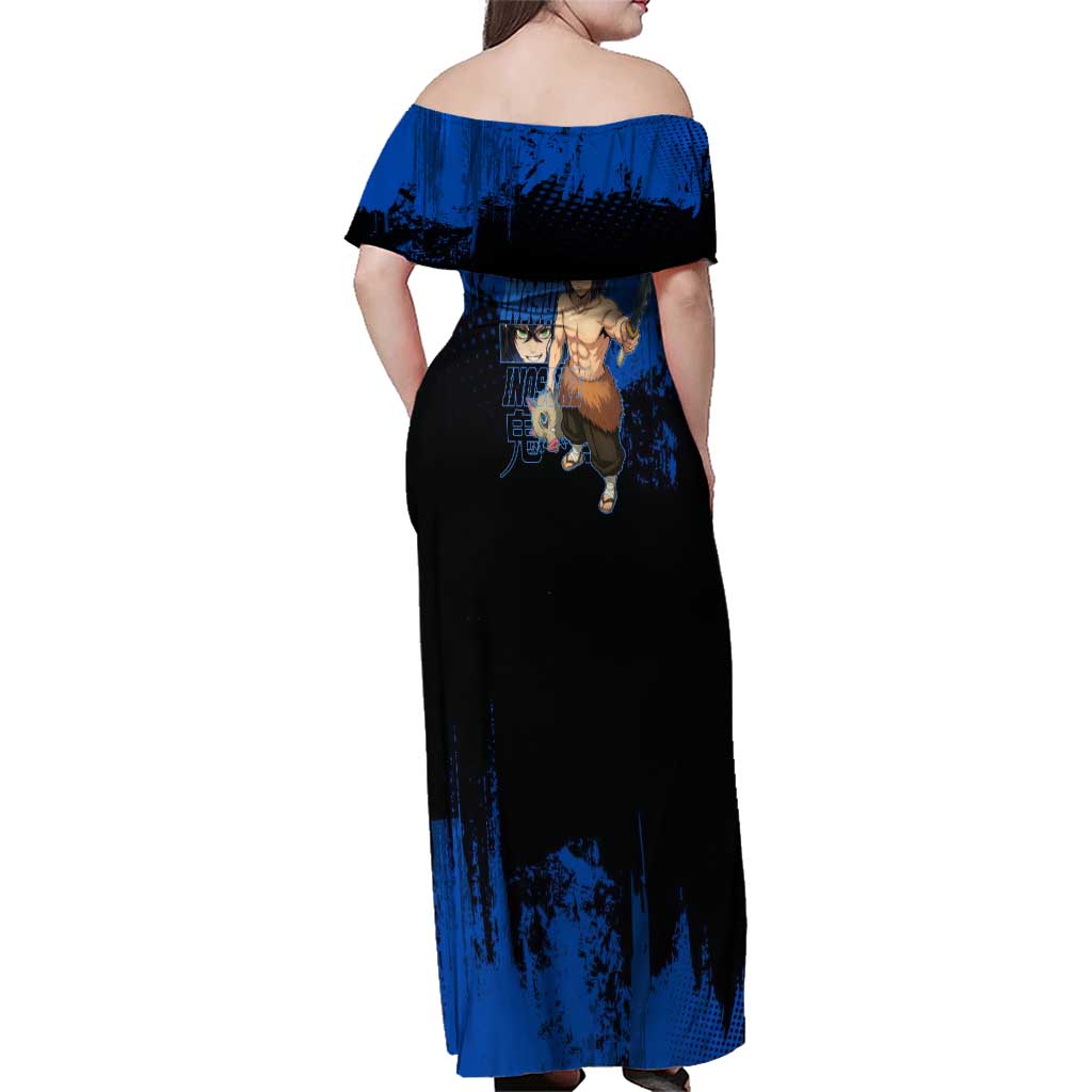 Inosuke Hashibira Demon Slayer Blue Grunge Design Family Matching Off Shoulder Maxi Dress and Hawaiian Shirt with Boar Mask and Dual Sword Pose