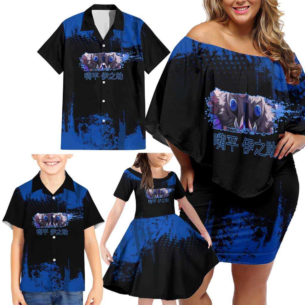 Inosuke Hashibira Demon Slayer Blue Grunge Design Family Matching Off Shoulder Short Dress and Hawaiian Shirt with Boar Mask and Dual Sword Pose