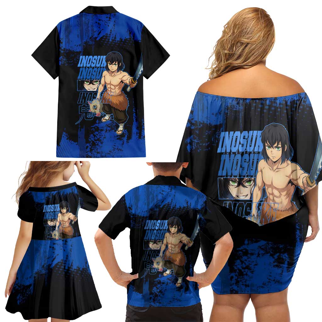 Inosuke Hashibira Demon Slayer Blue Grunge Design Family Matching Off Shoulder Short Dress and Hawaiian Shirt with Boar Mask and Dual Sword Pose