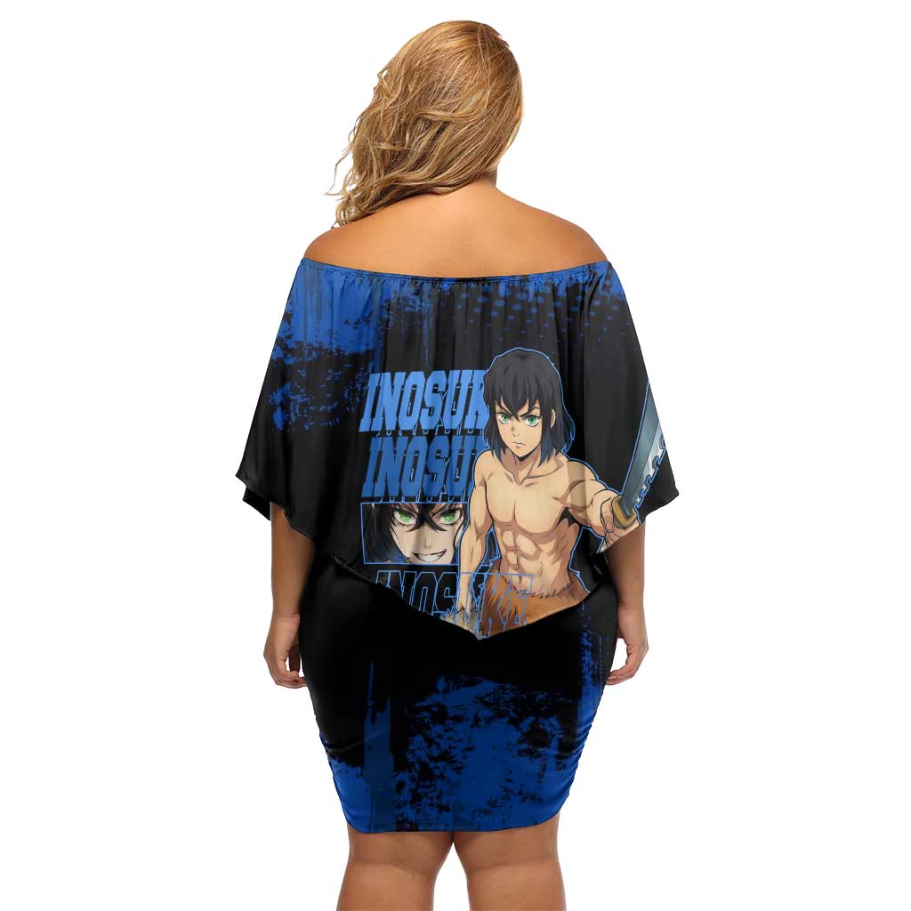 Inosuke Hashibira Demon Slayer Blue Grunge Design Family Matching Off Shoulder Short Dress and Hawaiian Shirt with Boar Mask and Dual Sword Pose