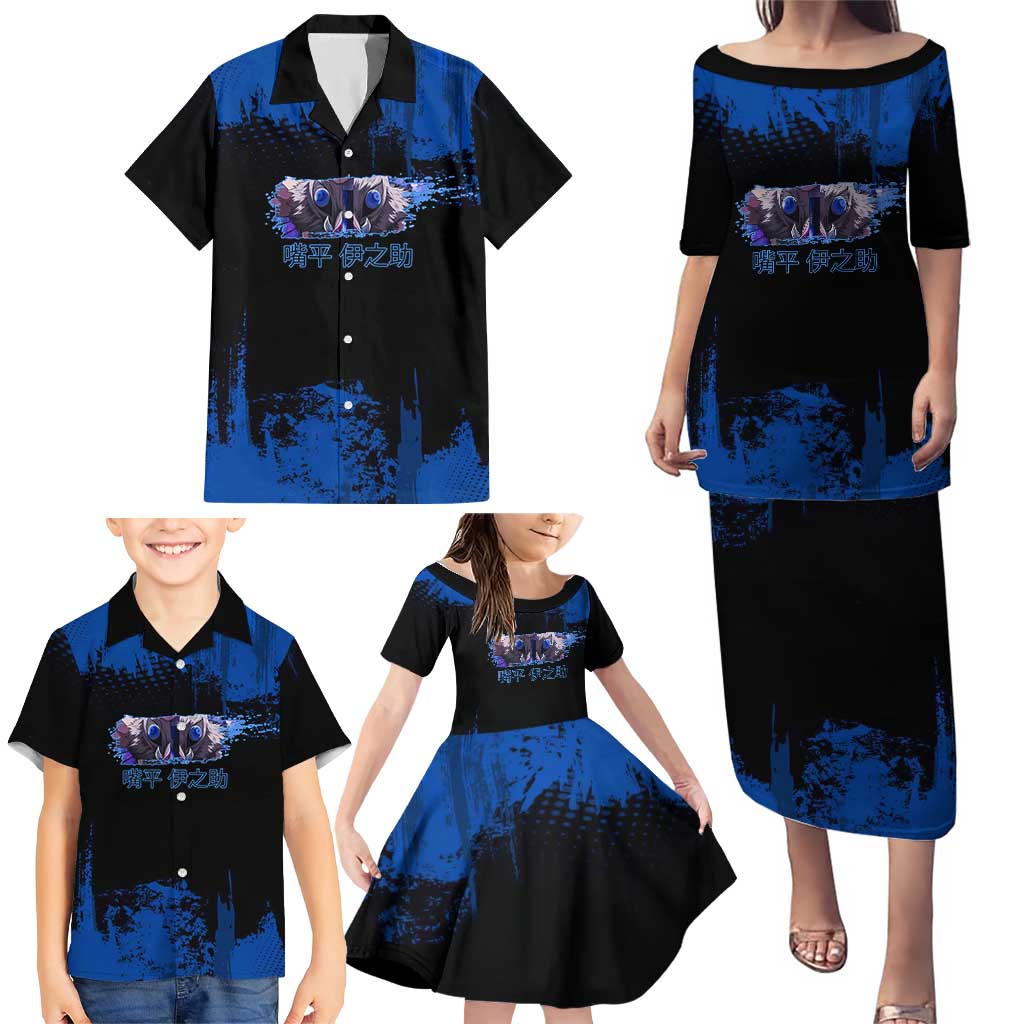 Inosuke Hashibira Demon Slayer Blue Grunge Design Family Matching Puletasi and Hawaiian Shirt with Boar Mask and Dual Sword Pose