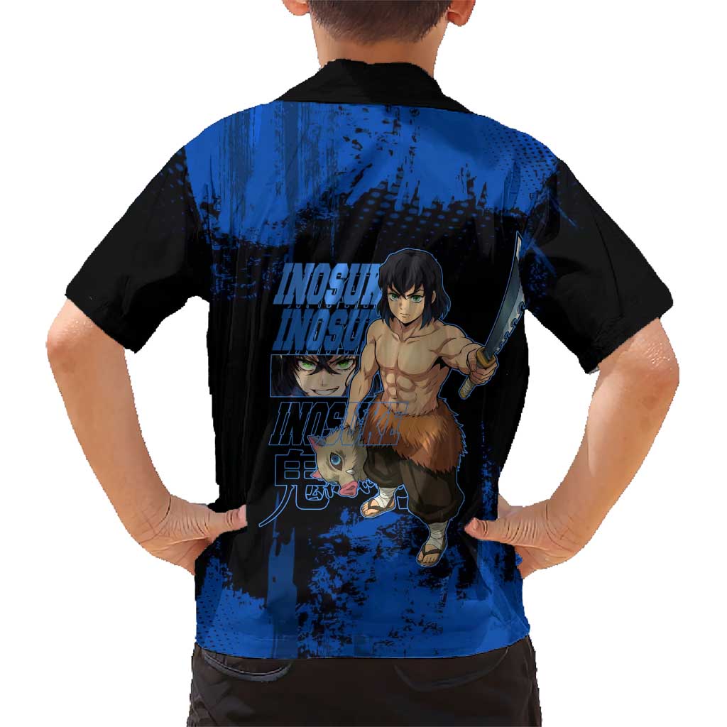 Inosuke Hashibira Demon Slayer Blue Grunge Design Family Matching Puletasi and Hawaiian Shirt with Boar Mask and Dual Sword Pose