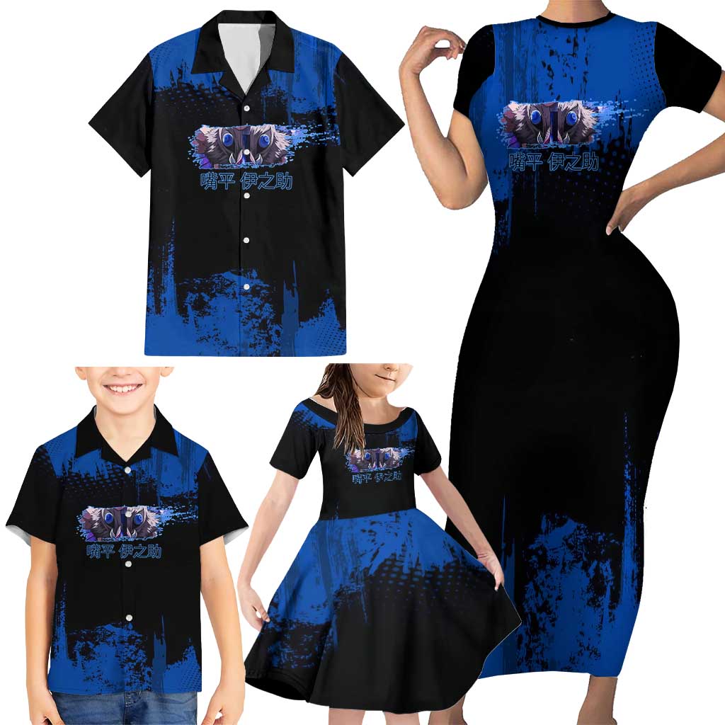 Inosuke Hashibira Demon Slayer Blue Grunge Design Family Matching Short Sleeve Bodycon Dress and Hawaiian Shirt with Boar Mask and Dual Sword Pose