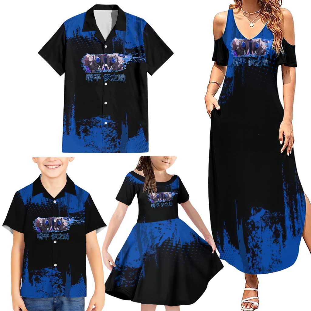Inosuke Hashibira Demon Slayer Blue Grunge Design Family Matching Summer Maxi Dress and Hawaiian Shirt with Boar Mask and Dual Sword Pose