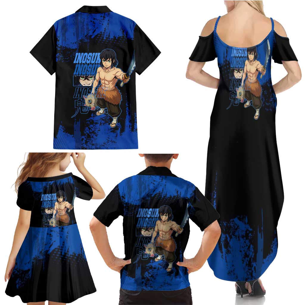 Inosuke Hashibira Demon Slayer Blue Grunge Design Family Matching Summer Maxi Dress and Hawaiian Shirt with Boar Mask and Dual Sword Pose