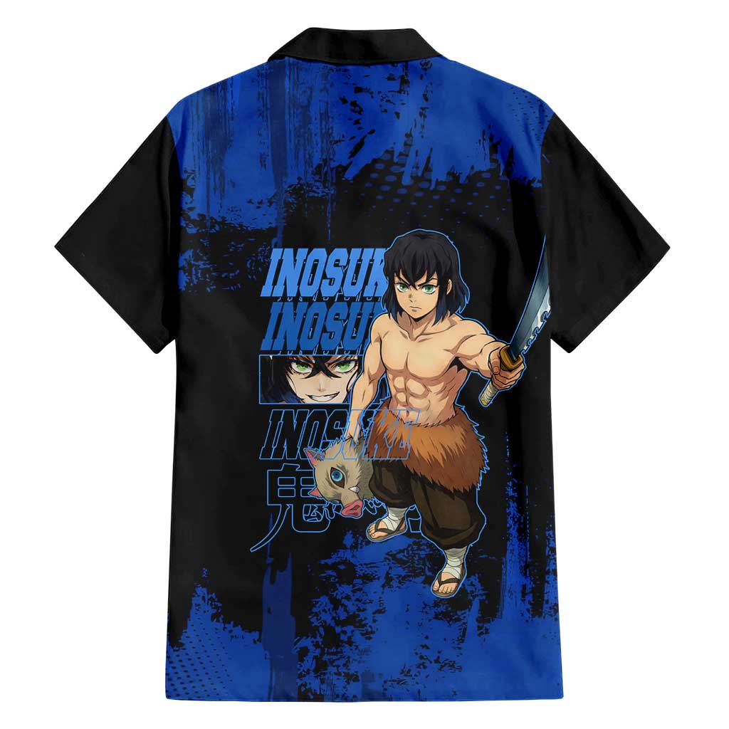 Inosuke Hashibira Demon Slayer Blue Grunge Design Family Matching Summer Maxi Dress and Hawaiian Shirt with Boar Mask and Dual Sword Pose