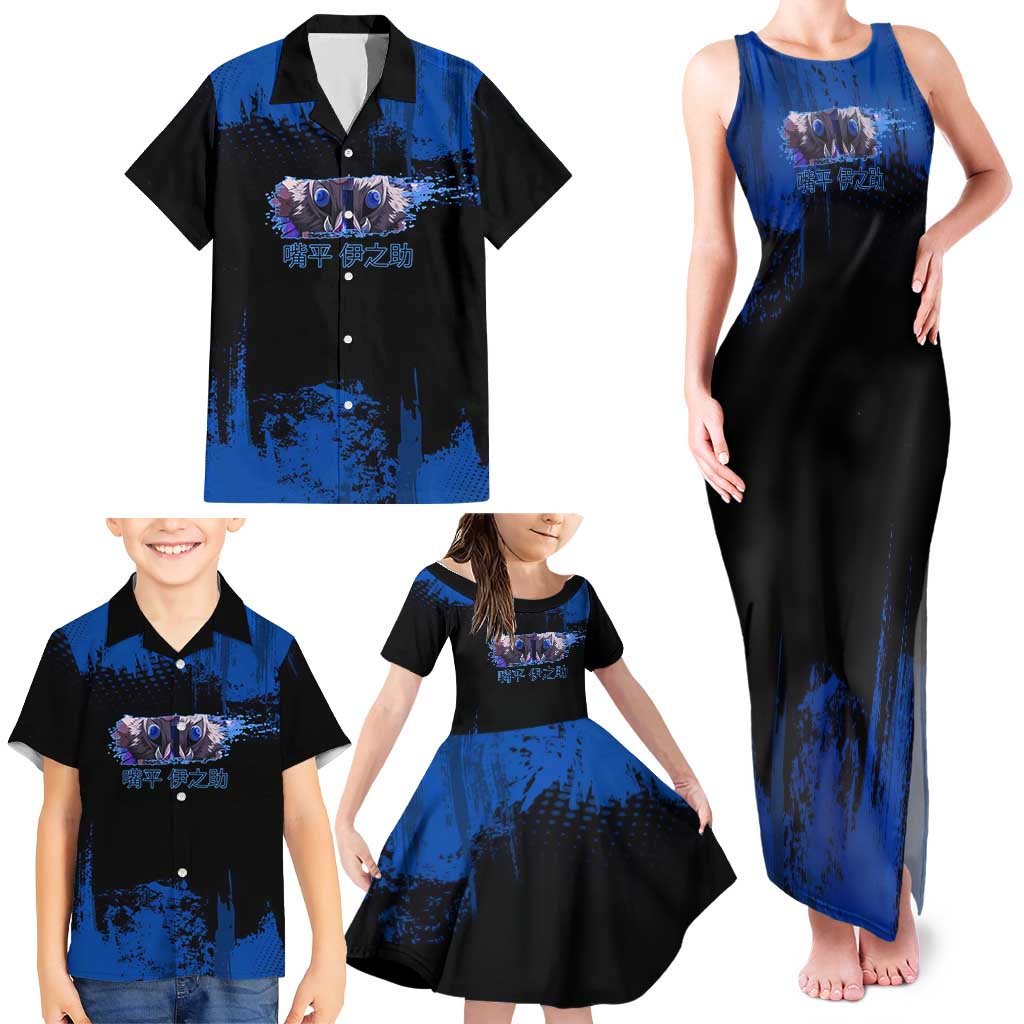 Inosuke Hashibira Demon Slayer Blue Grunge Design Family Matching Tank Maxi Dress and Hawaiian Shirt with Boar Mask and Dual Sword Pose