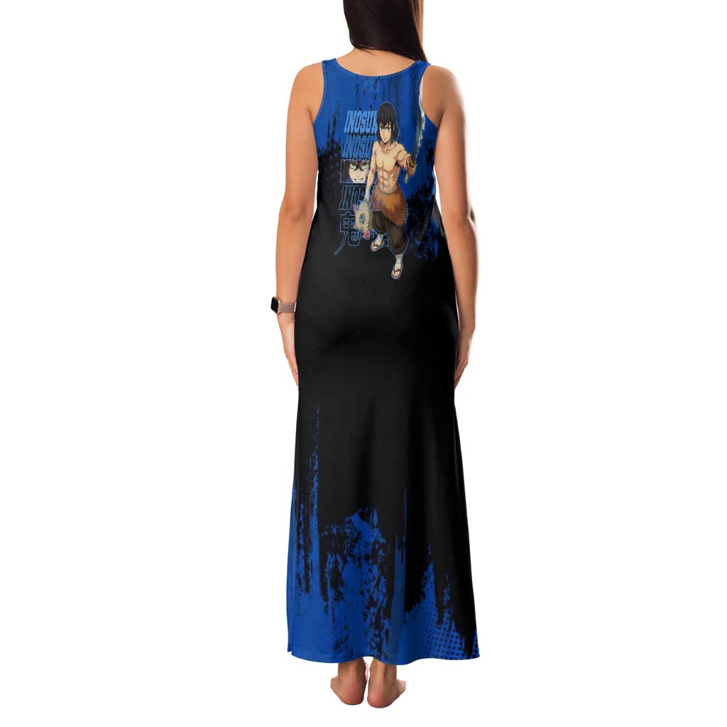 Inosuke Hashibira Demon Slayer Blue Grunge Design Family Matching Tank Maxi Dress and Hawaiian Shirt with Boar Mask and Dual Sword Pose