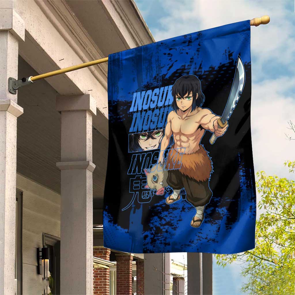 Inosuke Hashibira Demon Slayer Blue Grunge Design Garden Flag with Boar Mask and Dual Sword Pose - The Mazicc