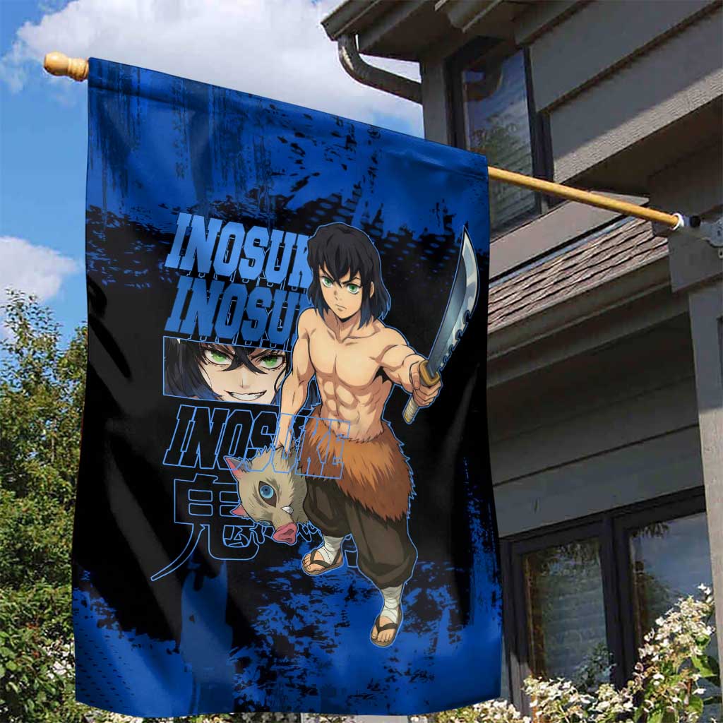 Inosuke Hashibira Demon Slayer Blue Grunge Design Garden Flag with Boar Mask and Dual Sword Pose - The Mazicc