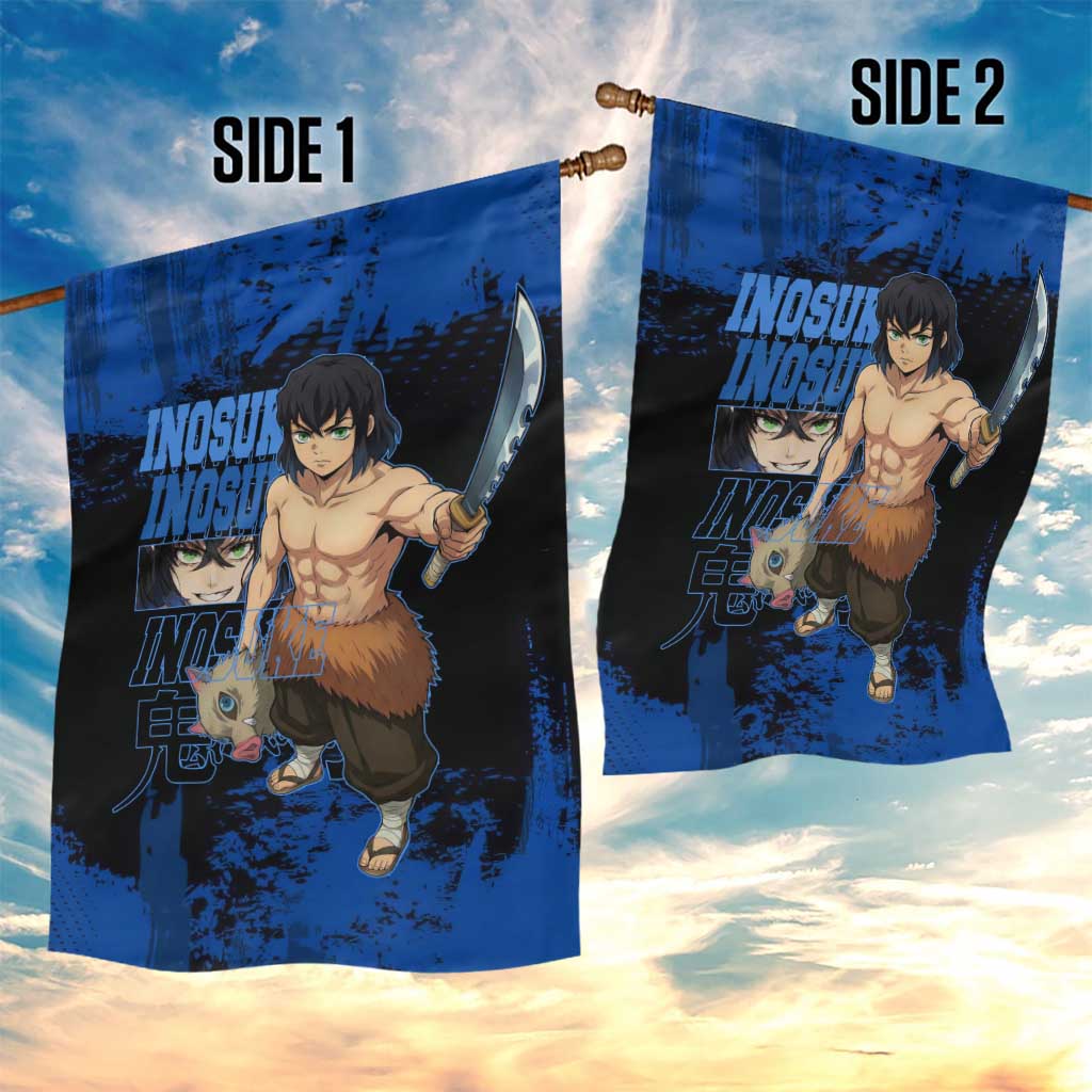 Inosuke Hashibira Demon Slayer Blue Grunge Design Garden Flag with Boar Mask and Dual Sword Pose - The Mazicc